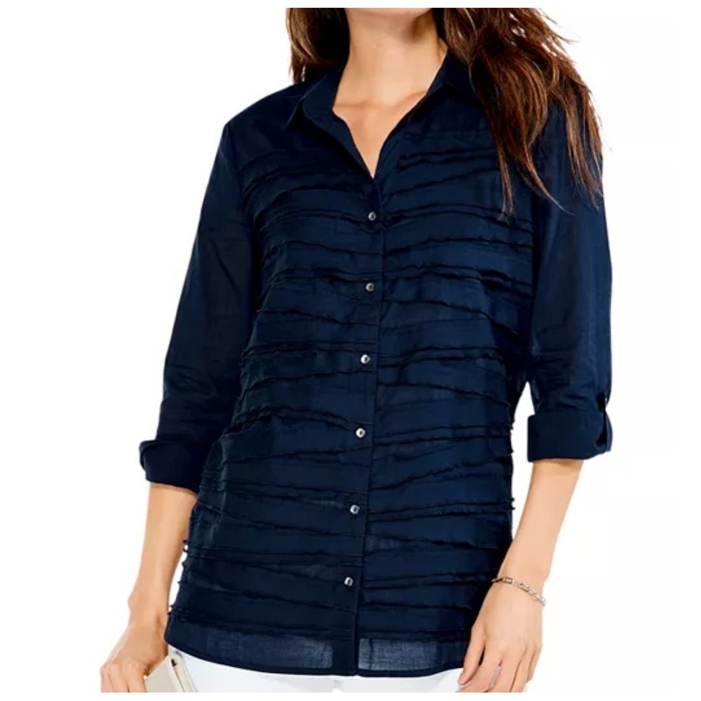Scandi Girl Feminine Ruffles Navy Top Size M Cotton Artsy Elevated Capsule Luxe